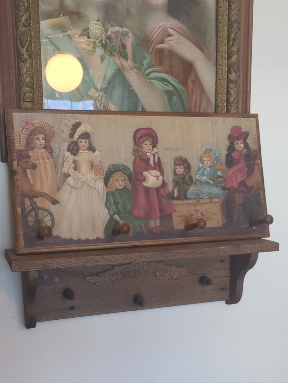 Vintage Victorian Dolls Folk Art Wood Plaque Wall Decor / Peg Rack Cottagecore